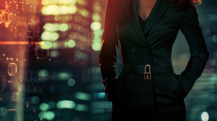 Female CEO in black suit, torso view, padlock backdrop, modern office setting, representing security measures, cybernetic tone, Analogous Color Scheme