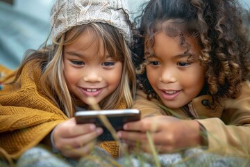 Two children lie on grass, bonding over a smartphone. Their setting is cozy in the outdoors, indicating engagement and shared interest in the digital content.
