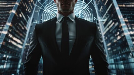 Male CEO in black suit, torso view, threat detection symbol backdrop, modern office setting, representing cybersecurity, cybernetic tone, Analogous Color Scheme