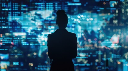 Female CEO in black suit, torso view, reviewing global trade report, modern office backdrop, representing global commerce expertise, cybernetic tone, Analogous Color Scheme