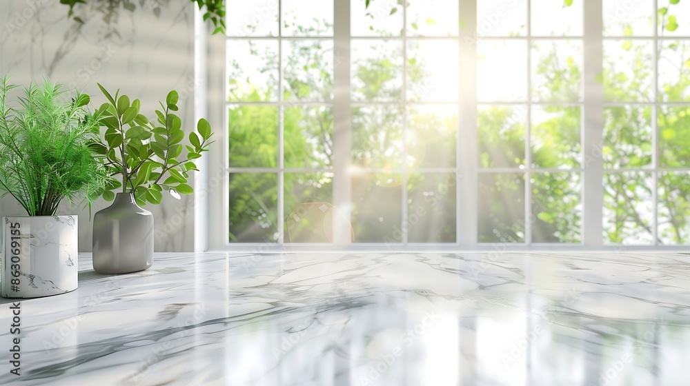 Aufkleber Selective focusElegance product display background with marble top with kitchen wall window garden in morningminimal counter design : Generative AI