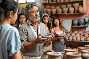 An elderly man demonstrating pottery making to a group of young students in a workshop filled with various pottery pieces, emphasizing traditional crafting techniques.