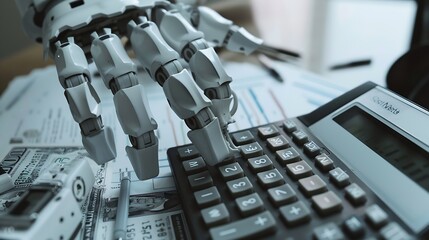 Closeup Of A Robotic Hand Calculating Bills Using Calculator In Office : Generative AI