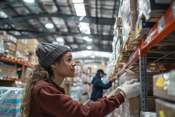 Fototapeta premium A warehouse worker in a beanie and gloves is seen organizing and stacking products on high shelves within a spacious and well-lit warehouse, focusing on efficiency and order.