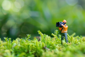 Miniature people celebrate World Photography Day with camera.