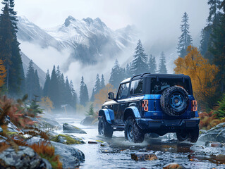 a rugged off-road vehicle driving through a snowy mountain landscape.