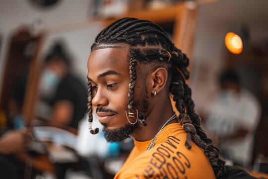 A man with intricate braids and beads in his hair, seated in a barbershop, wearing an orange shirt and looking to the side, representing style, culture, and self-expression.