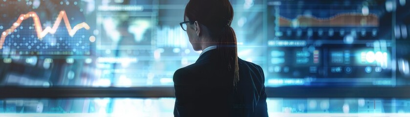 Fototapeta premium Female CEO in black suit, torso view, analyzing global market data, sophisticated office backdrop, emphasizing global business acumen, robotic tone, Splitcomplementary color scheme