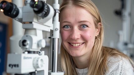 Blonde woman using modern eye equipment on patient in  electronic eyes  style at clinic