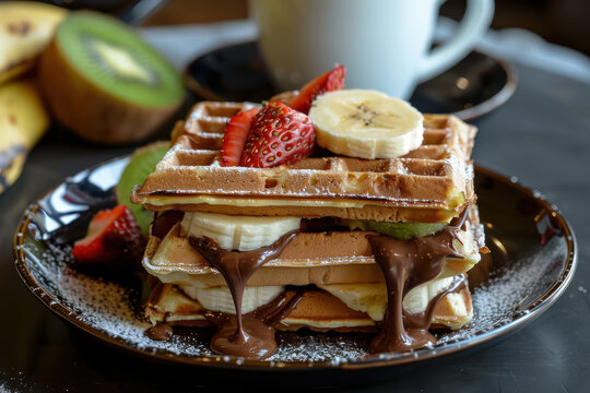 stacked waffles with banana slices and strawberries topped with chocolate syrup and powdered sugar on a dark plate