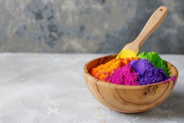 Multiple Colors of  Holi Powder in Wooden Bowl with Spatula on White Table against Dark Background