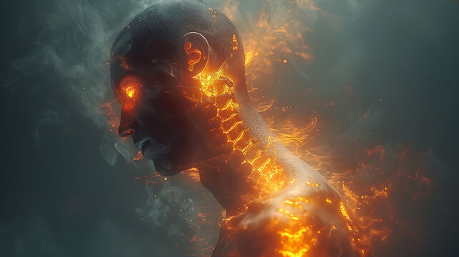Man experiencing spinal nerve root avulsion glowing depiction of torn spinal nerve causing severe pain