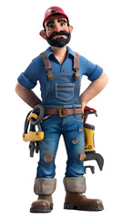 Muscular cartoon foreman in jeans and overalls poses with a nail gun and tool belt against a simple transparent background.