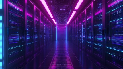 Fototapeta premium Futuristic Data Center with Neon Lights, Generative AI