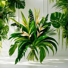 Green leaves of tropical plants bush floral isolated on white background Generative AI