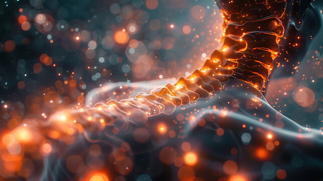 Man ankylosing spondylitis glowing depiction of spine and joints showing inflammation and fusion