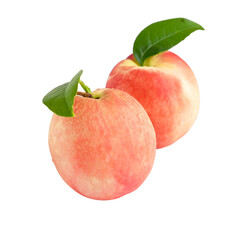 Peach fruit with green leaf on white background.