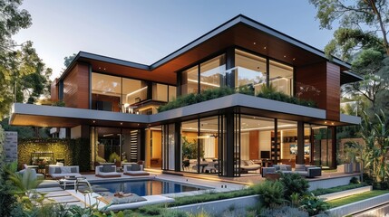 Modern luxury house with a beautiful outdoor pool area surrounded by greenery, showcasing elegant architecture and spacious interiors.