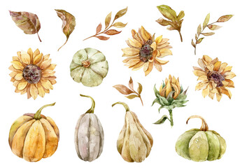 Watercolor autumn illustration of suflowers, pumpkins, dried leaves, berries. Hand painted watercolor clipart for Halloween and Thanksgiving card, stickers, wedding invitation