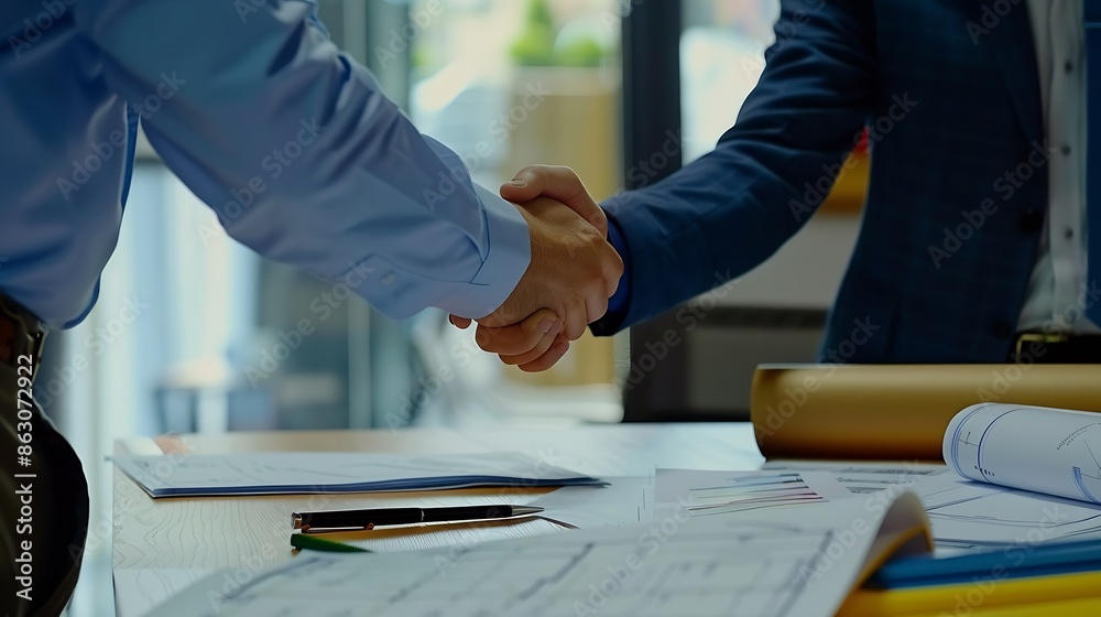 Leinwandbilder construction engineer handshake with businessman contractor over architecture design blueprint on me