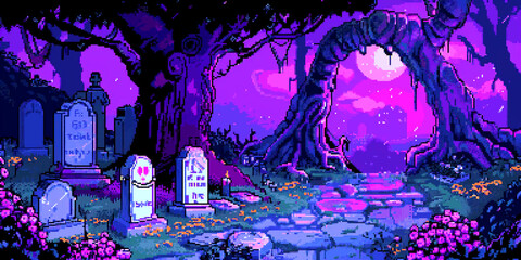 8bits pixel art of  cute pastel goth graveyard with a  tree, tombstone, dead flower