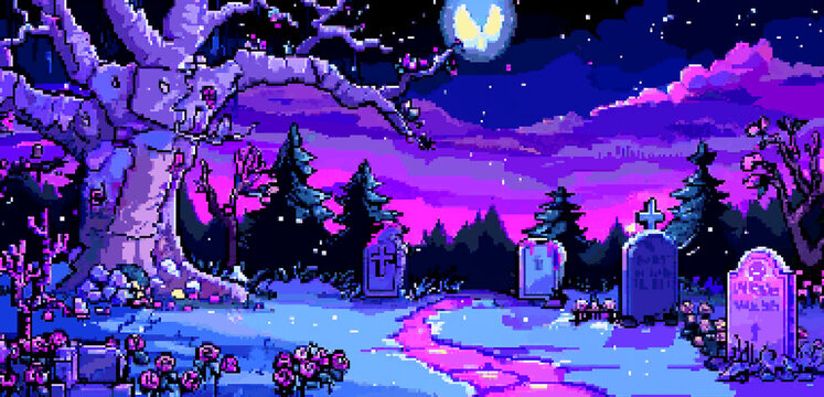 8bits pixel art of  cute pastel goth graveyard with a  tree, tombstone, dead flower