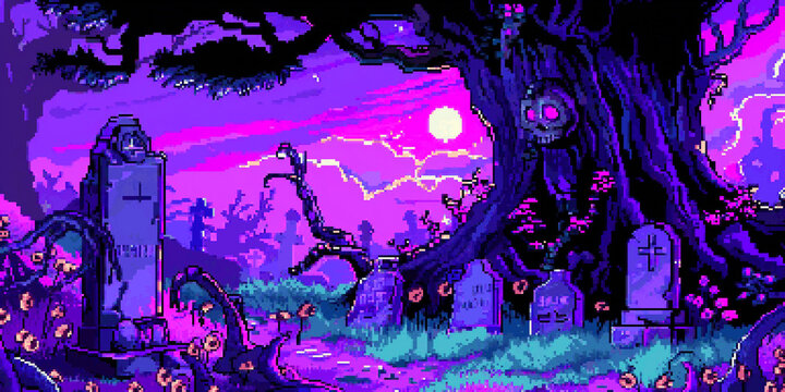 8bits pixel art of  cute pastel goth graveyard with a  tree, tombstone, dead flower