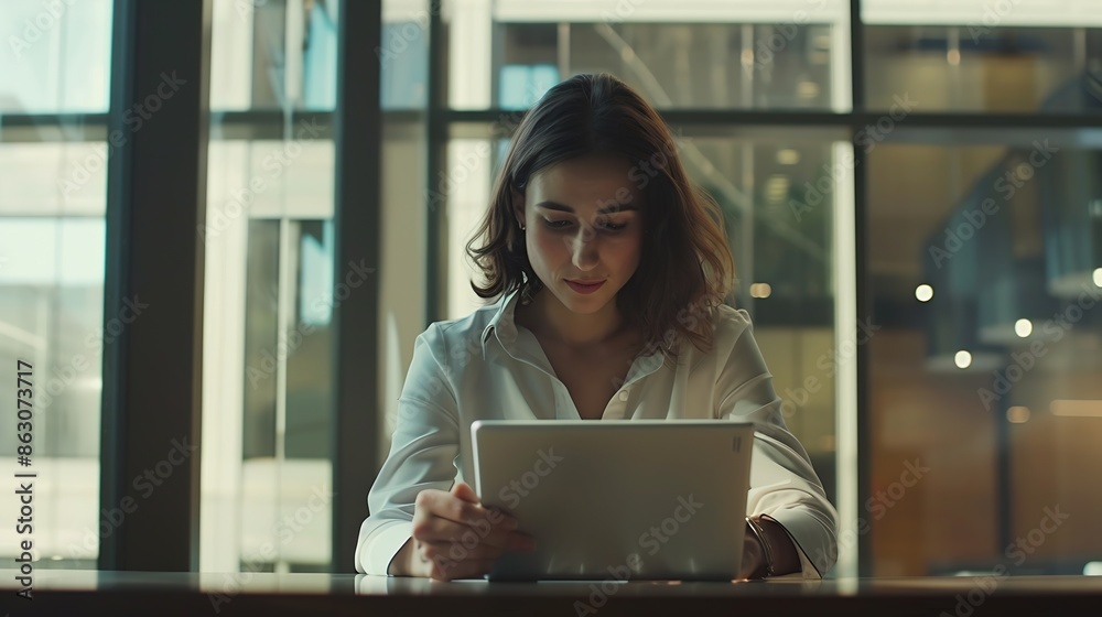 Aufkleber portrait of a woman working on a tablet computer in a modern office make an account analysis report 