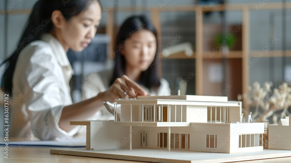 Poster female architects team point to house model two women architects making architectural model in offic