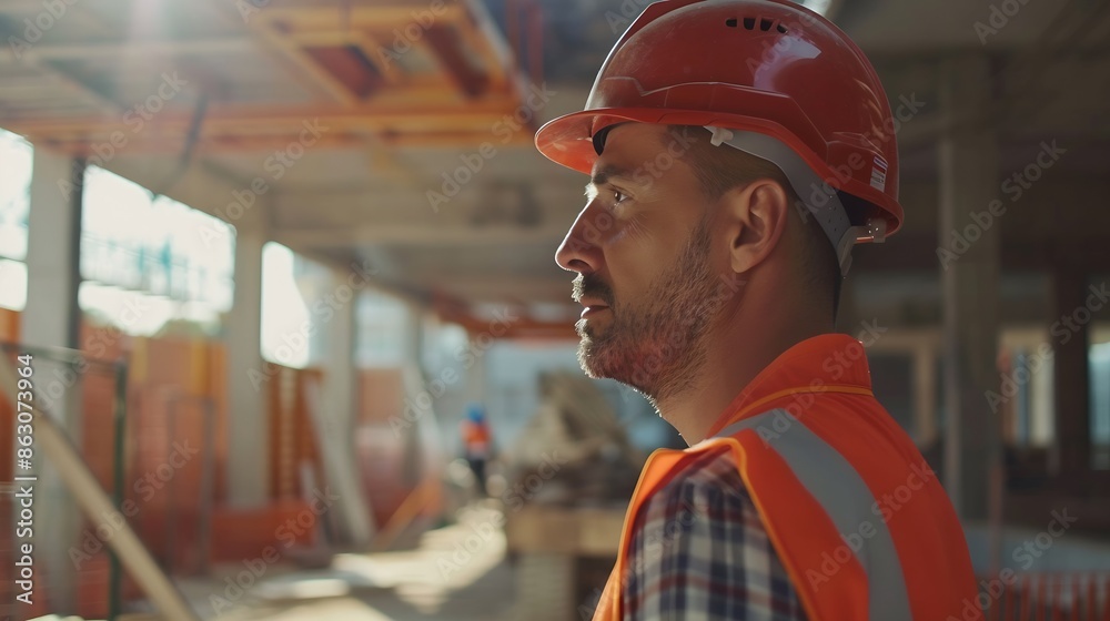 Poster Architect caucasian man working with colleagues mixed race in the construction site engineer architect wearing safety helmet meeting at contruction site worker : Generative AI