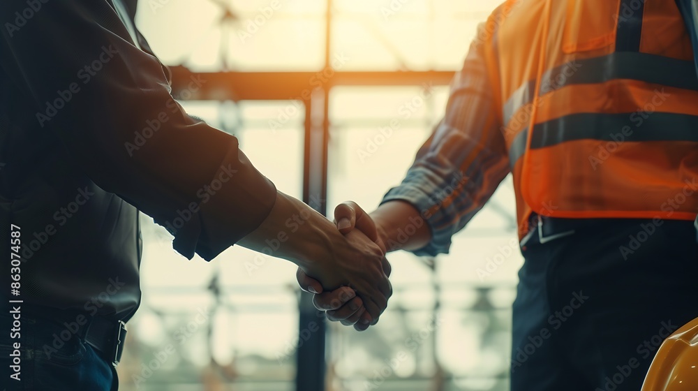 Aufkleber Construction workers architects and engineers shake hands while working for teamwork and cooperation after completing an agreement in an office facility successful cooperation concept : Generative AI
