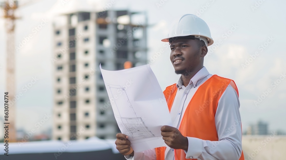 Poster black man architect and construction worker with blueprint and infrastructure renovation building in