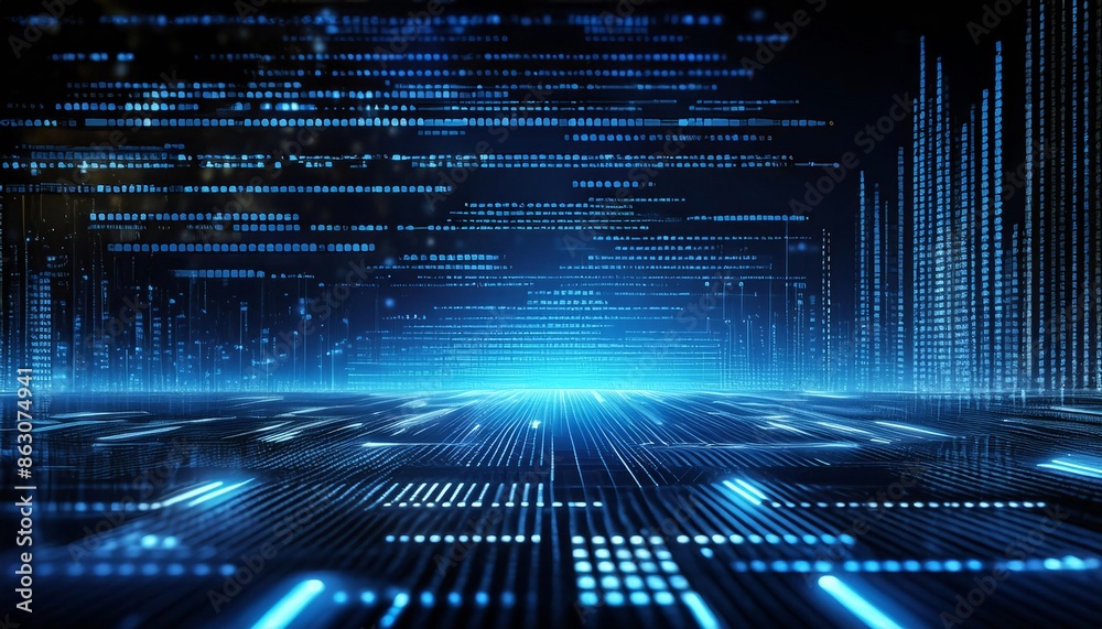 Wall mural shiny blue coding on black background, concept of technology and programming