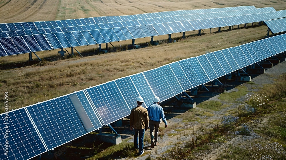 Poster the solar farmsolar panel with two engineers walk to check the operation of the system alternative e