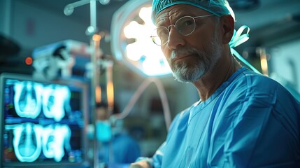 Elderly surgeon performing surgery in an operating room