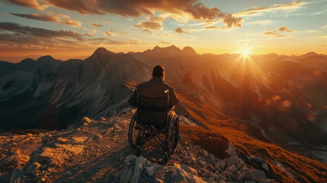 Wheelchair user contemplating sunset from mountain top, symbolizing perseverance