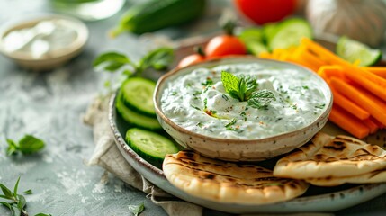 A cooling cucumber and mint yogurt dip, served with a selection of fresh vegetable sticks and pita bread on a colorful platter