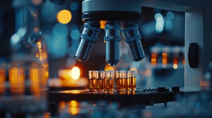 Close-up of microscope with sample in a lab