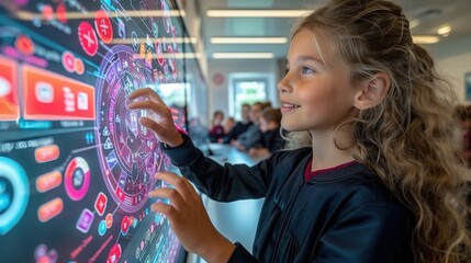 Modern classroom scene with girl student using interactive whiteboard