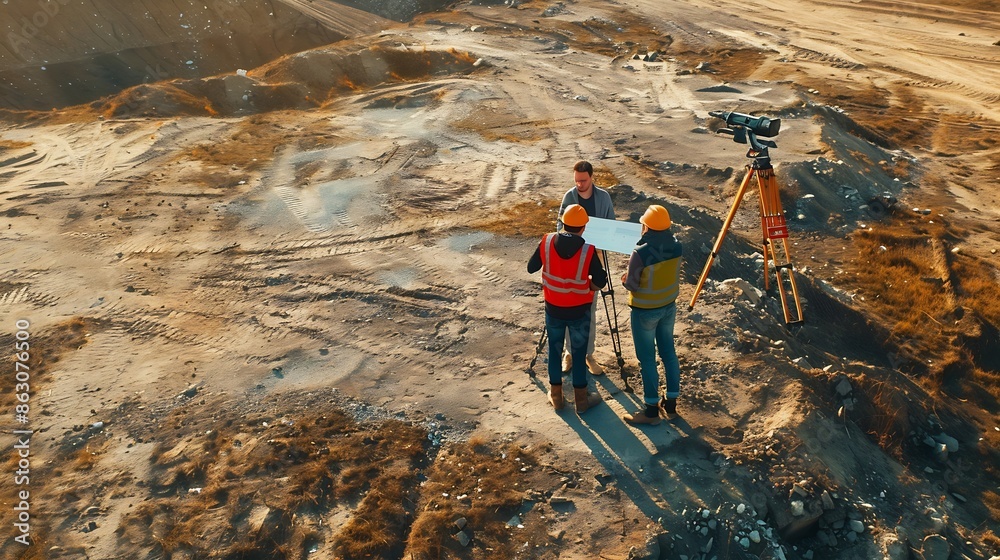 Poster land surveyor team standing working together at construction field consult study looking building lo