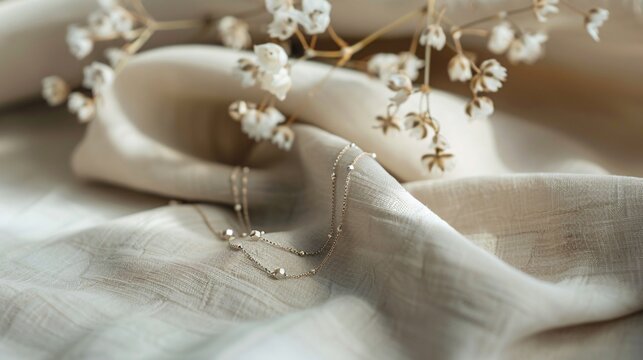 A delicate anklet made of fine gold chain with tiny geometric charms, draped over a beige linen cloth