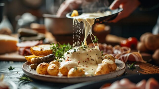 Close up shot of a raclette setup, with melted cheese being scraped onto a plate of boiled potatoes, pickles, and cured meats