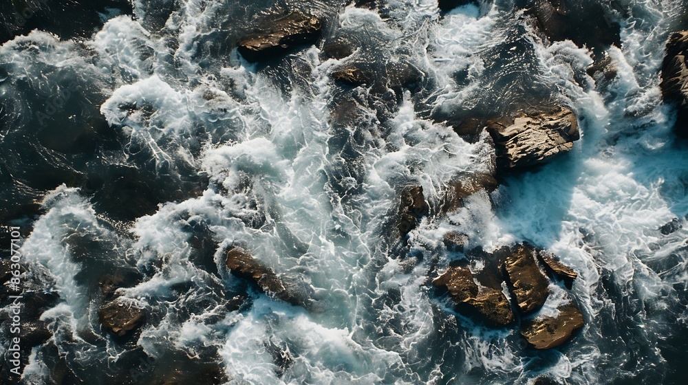 Poster aerial view of the waves and rapids of the wild river closeup top shot : generative ai