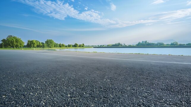 Empty asphalt road near the lake under blue sky : Generative AI
