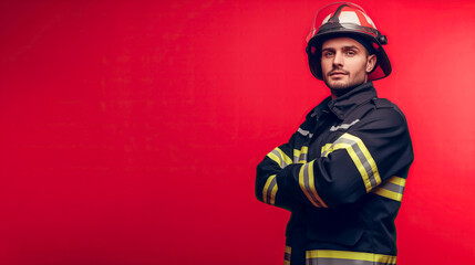 Portrait of a Young Firefighter with Helmet and Jacket, Arms Crossed with copy space for text