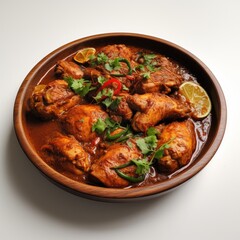 Fototapeta premium Traditional Andhra Chicken Curry in Wooden Bowl with Garnish