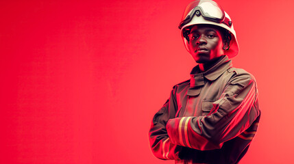 Obraz premium Portrait of a African American Firefighter Standing with Arms Crossed with copy space for text