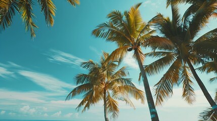 Palm trees in tropical sunny beach and tropical sea in Paradise island Summer vacation and tropical beach concept : Generative AI
