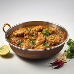 Fototapeta premium Spicy Andhra Chicken Curry with Fresh Herbs and Lemon