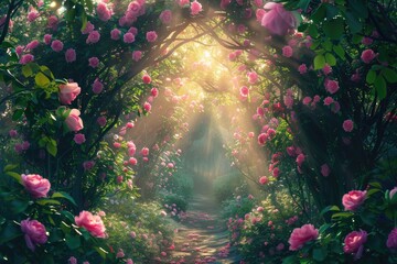 Fantasy pink roses bloom in mystical paradise garden with glowing sun rays.